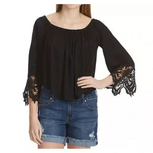 Ambiance Juniors' Contrast Lace 3/4 Sleeve Off The Shoulder Black Top
